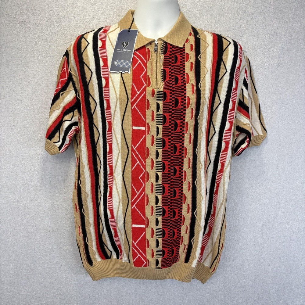NWT Suslo Couture Wool Knit Polo Shirt Mens Small Coogi Style 1/4 Zip Colorful